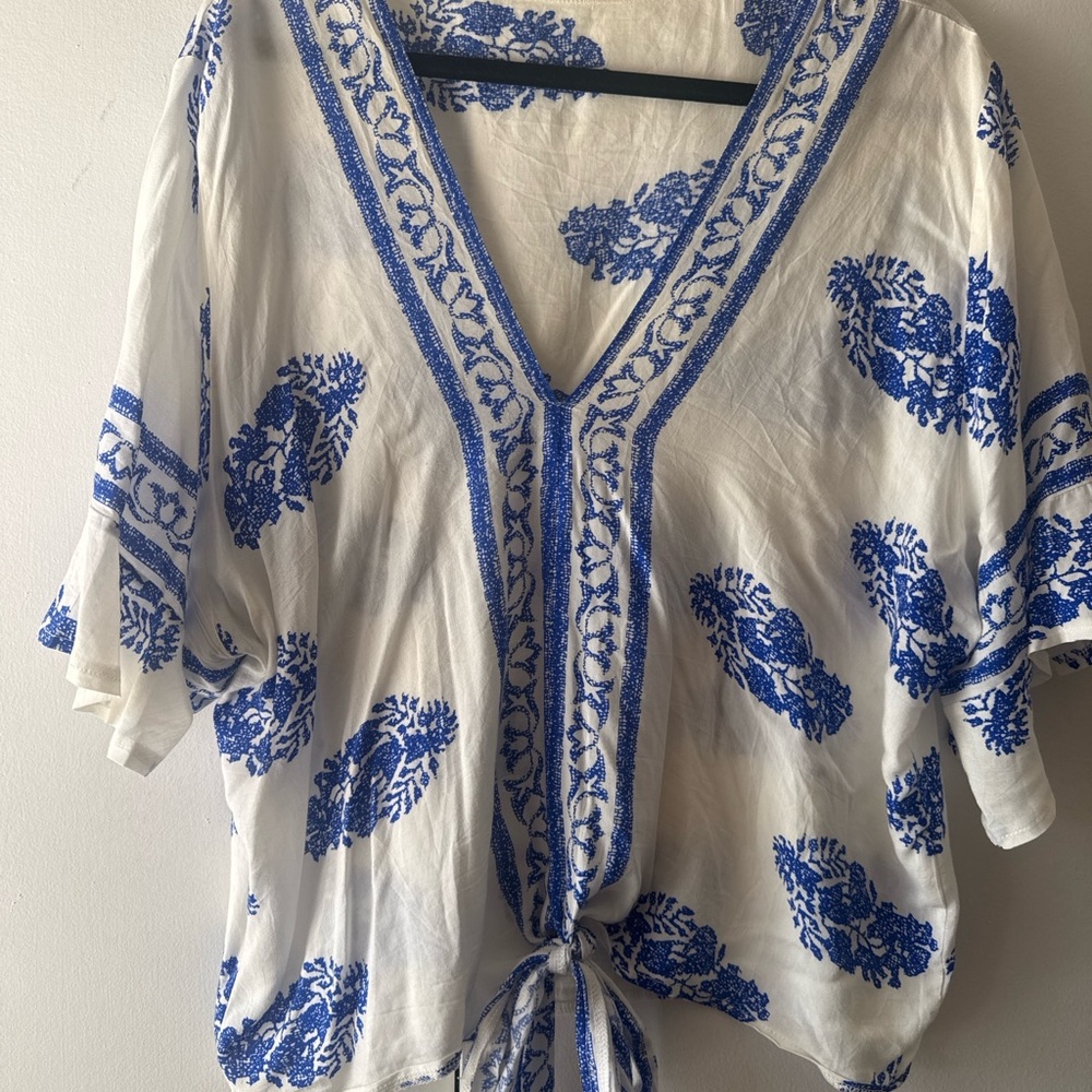 SHEIN Blue White Boho Print Tie Front Blouse Cropped Flowy XL